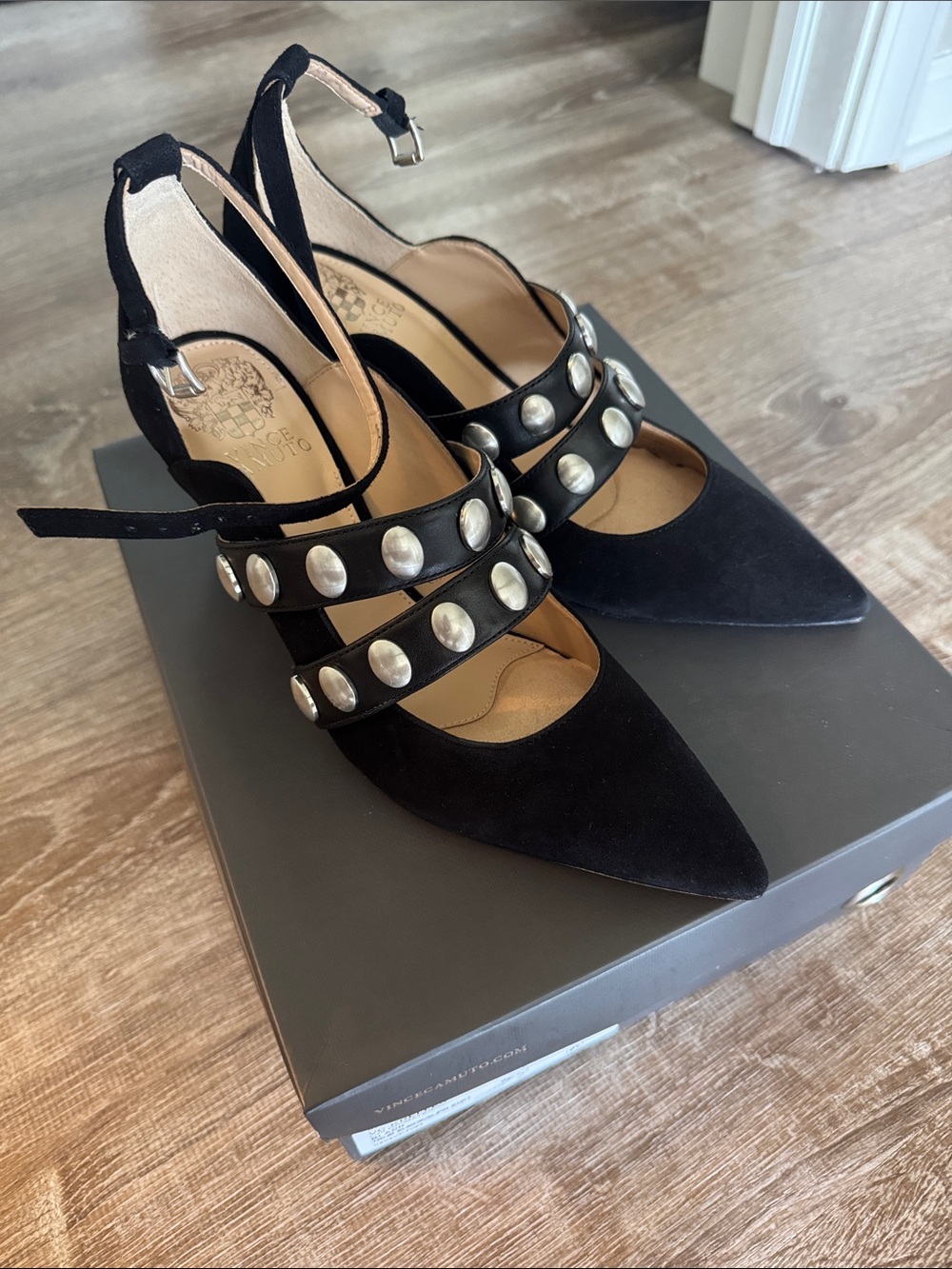 Vince Camuto Black Studded Pointed-Toe Strap Heels